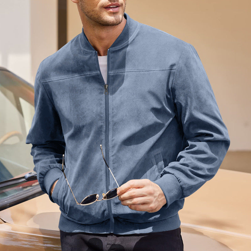 Men's Suede-Look Stand Collar Zip Jacket
