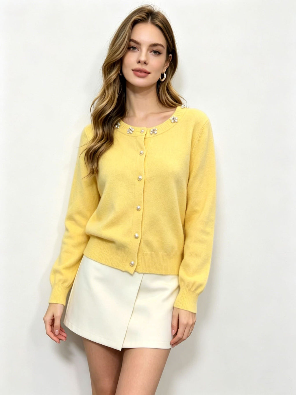 Women's Beaded Knit Cardigan – Loose Sweater Coat with Button Front