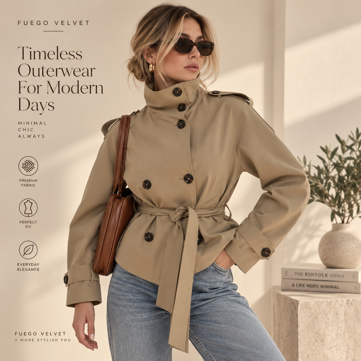 Women's Belted Short Trench Coat – High Collar, Lace-Up Detail | Sizes S–3XL