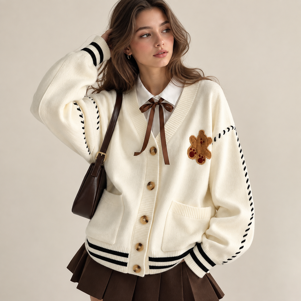 Women's V-Neck Knit Cardigan – Soft Loose-Fit Button-Front Layer