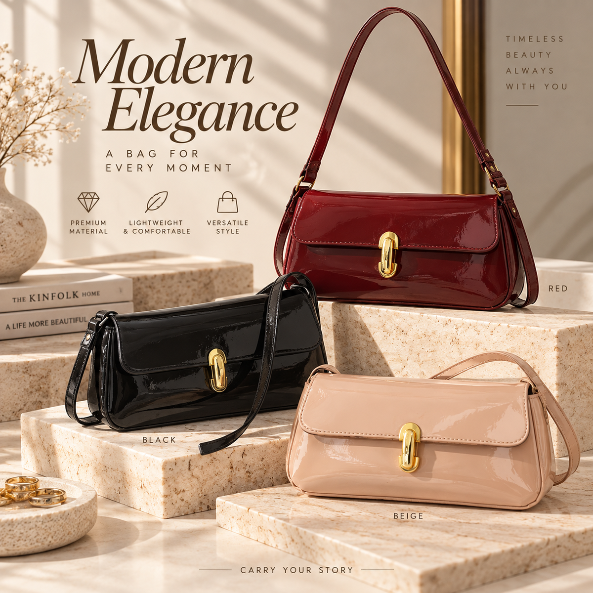 Glossy PU Leather Crossbody Bag with Metal Lock