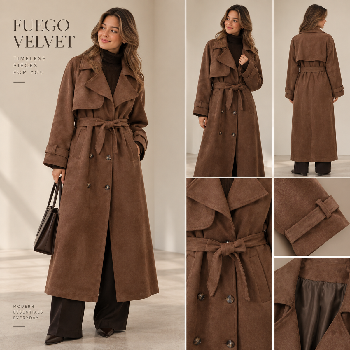 Women's Suede-Look Belted Trench Coat
