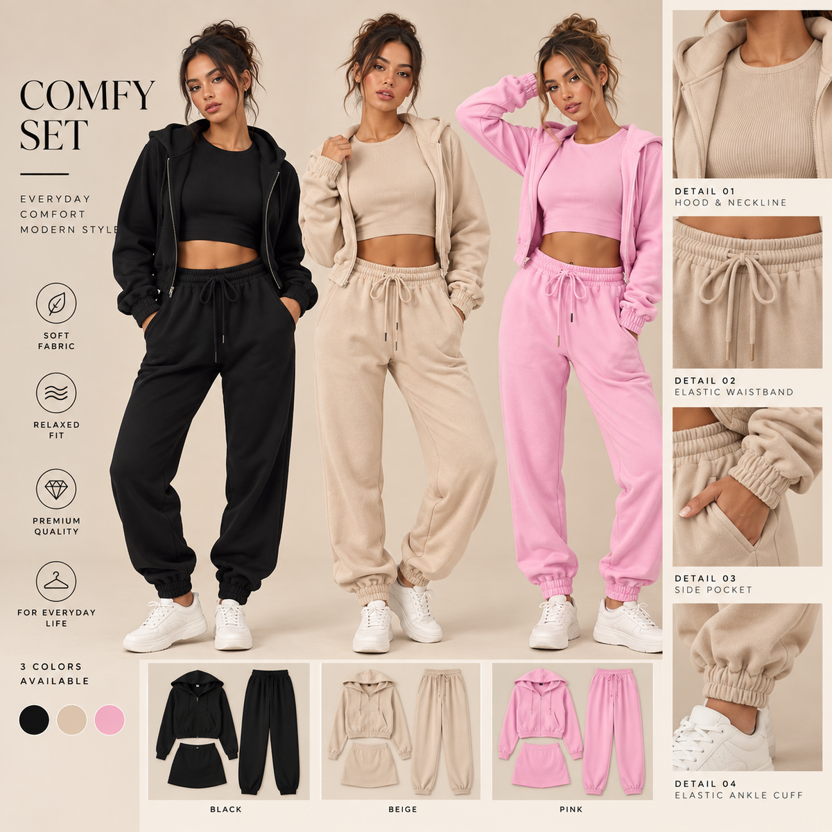 Women's Fleece-Lined Hooded Tracksuit Set