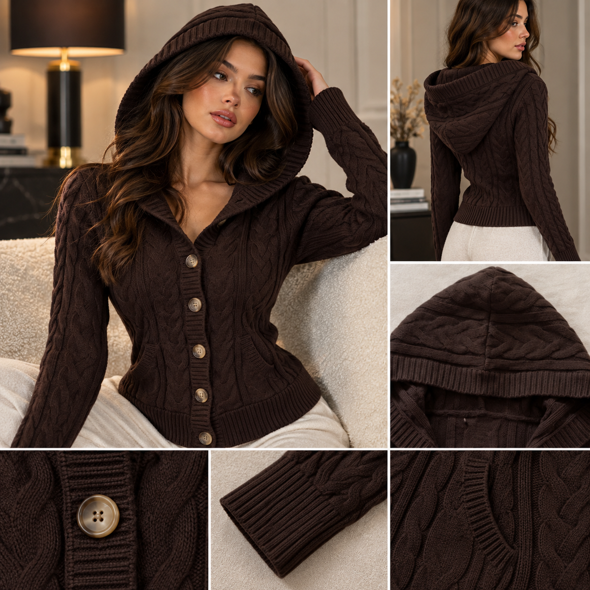 Women's Korean Slim-Fit Hooded Sweater – Knit Long Sleeve Cardigan in Ancient Brown
