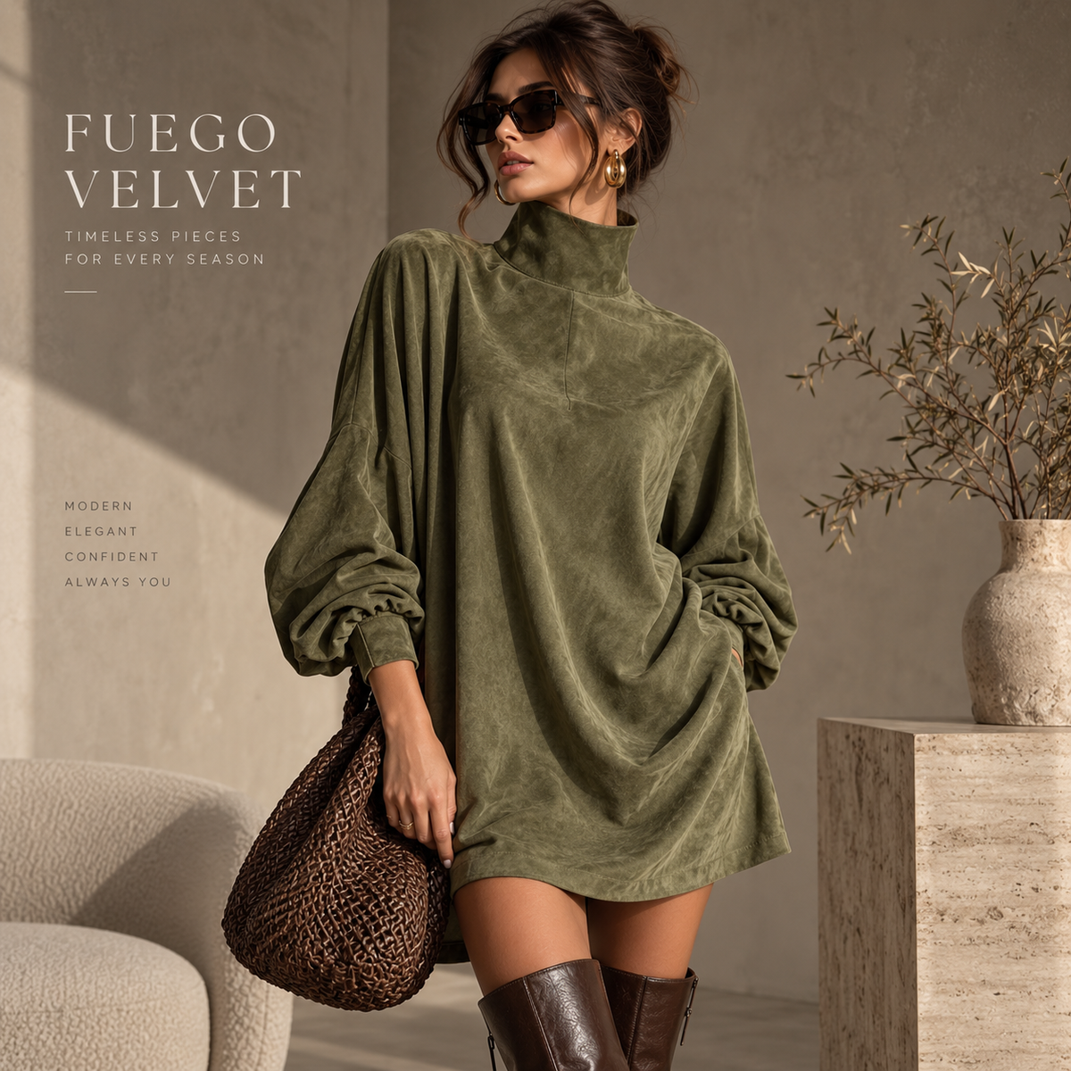 Faux Suede Retro Lapel Mini Dress | Women's Long Sleeve A-Line