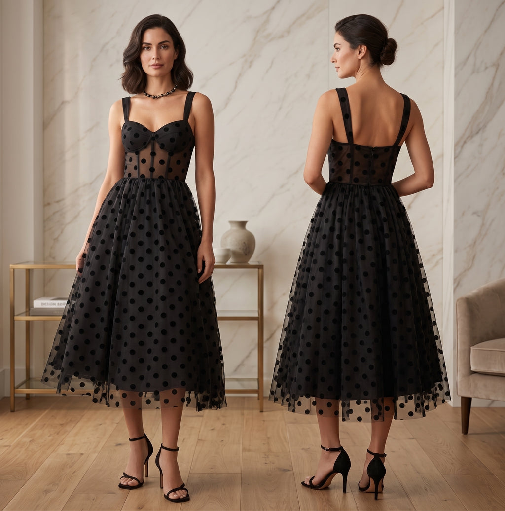 Women’s Black Dotted Mesh Maxi Dress – V-Neck