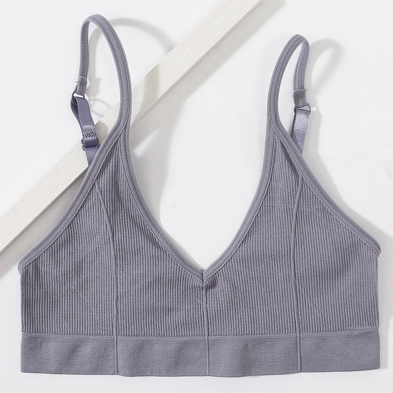 Ribbed V-Neck Bralette for Women – Wireless No-Pad Adjustable Strap Daily Wear Tube Top