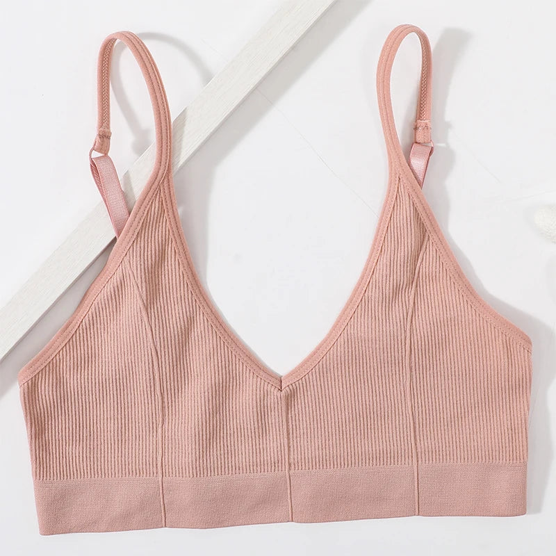 Ribbed V-Neck Bralette for Women – Wireless No-Pad Adjustable Strap Daily Wear Tube Top