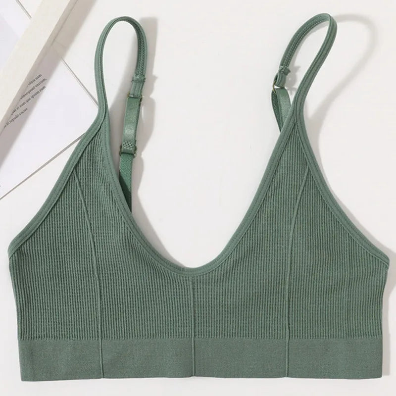 Ribbed V-Neck Bralette for Women – Wireless No-Pad Adjustable Strap Daily Wear Tube Top