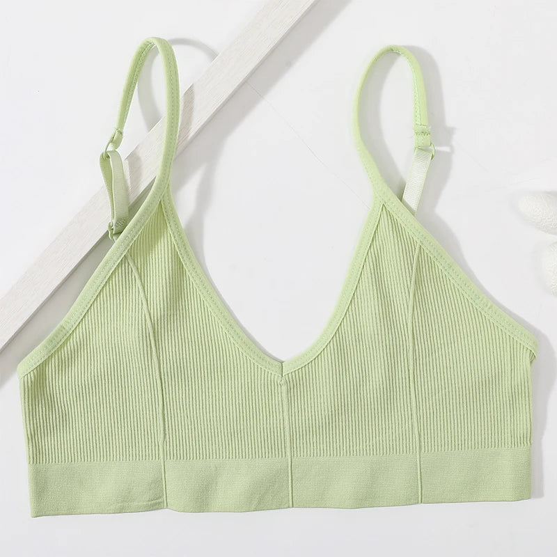 Ribbed V-Neck Bralette for Women – Wireless No-Pad Adjustable Strap Daily Wear Tube Top