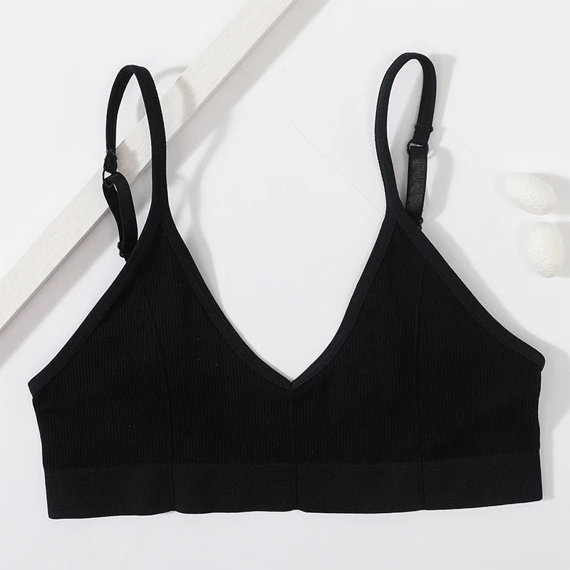 Ribbed V-Neck Bralette for Women – Wireless No-Pad Adjustable Strap Daily Wear Tube Top