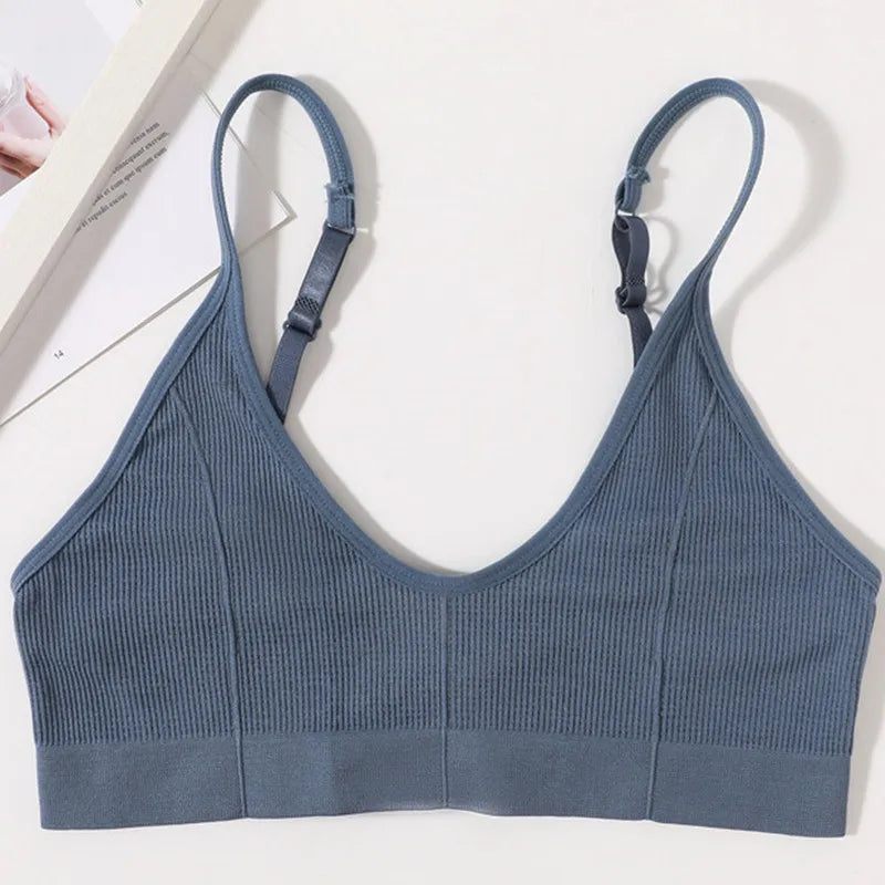 Ribbed V-Neck Bralette for Women – Wireless No-Pad Adjustable Strap Daily Wear Tube Top