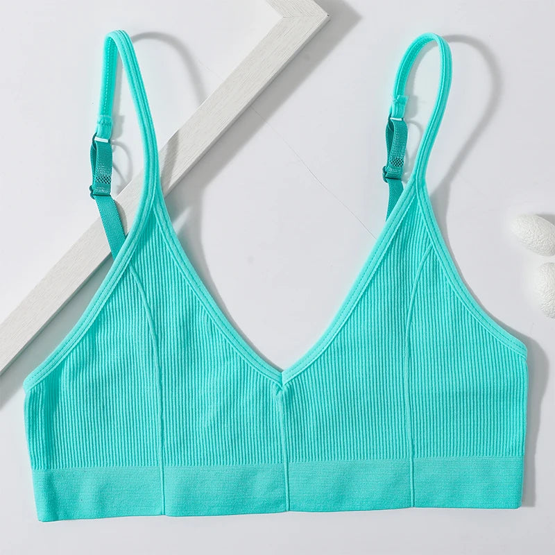 Ribbed V-Neck Bralette for Women – Wireless No-Pad Adjustable Strap Daily Wear Tube Top