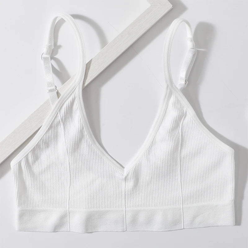 Ribbed V-Neck Bralette for Women – Wireless No-Pad Adjustable Strap Daily Wear Tube Top
