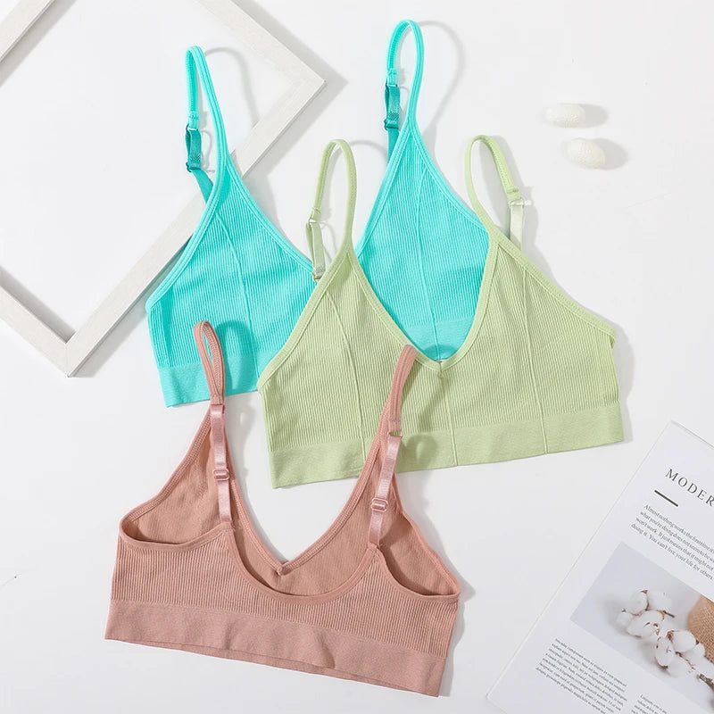 Ribbed V-Neck Bralette for Women – Wireless No-Pad Adjustable Strap Daily Wear Tube Top