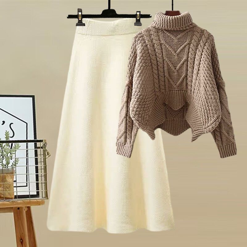 Women's High-Neck Knit Sweater & Mini Skirt Two-Piece Set | Elegant Autumn Winter Outfit