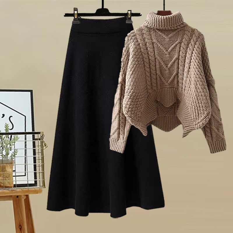 Women's High-Neck Knit Sweater & Mini Skirt Two-Piece Set | Elegant Autumn Winter Outfit