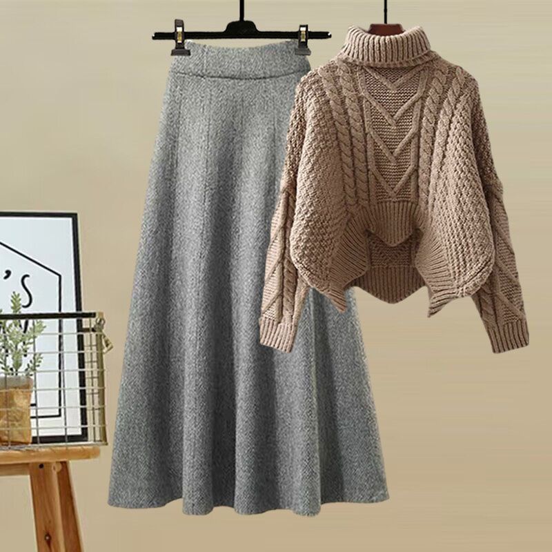 Women's High-Neck Knit Sweater & Mini Skirt Two-Piece Set | Elegant Autumn Winter Outfit