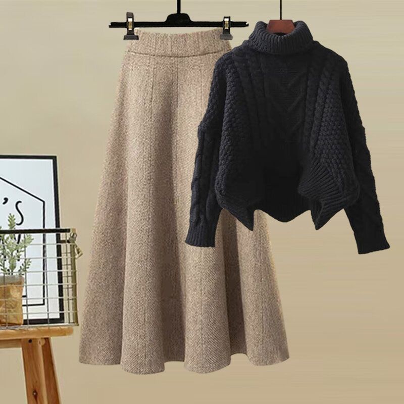 Women's High-Neck Knit Sweater & Mini Skirt Two-Piece Set | Elegant Autumn Winter Outfit