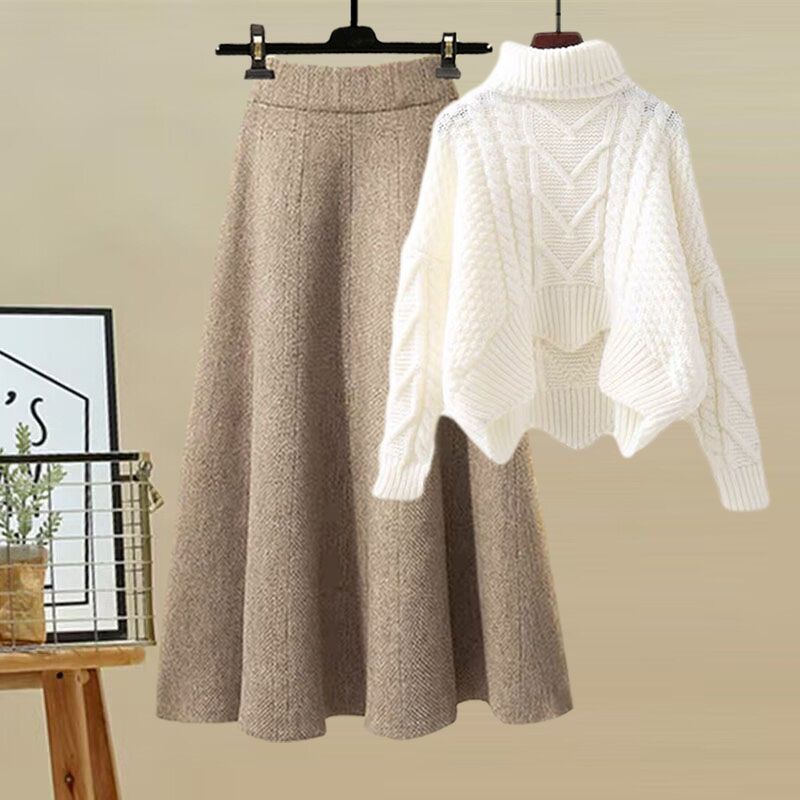 Women's High-Neck Knit Sweater & Mini Skirt Two-Piece Set | Elegant Autumn Winter Outfit