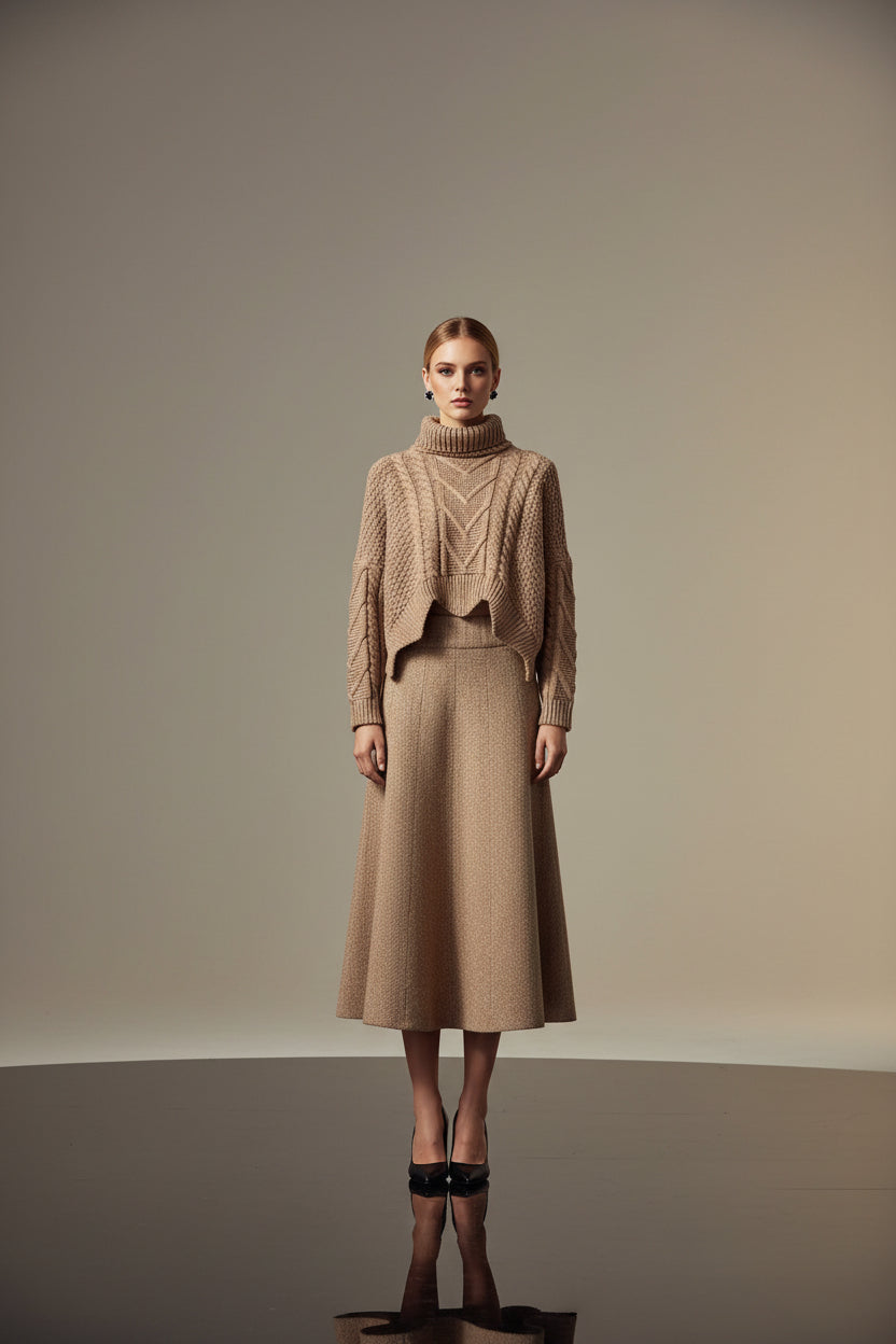 Women's High-Neck Knit Sweater & Mini Skirt Two-Piece Set | Elegant Autumn Winter Outfit