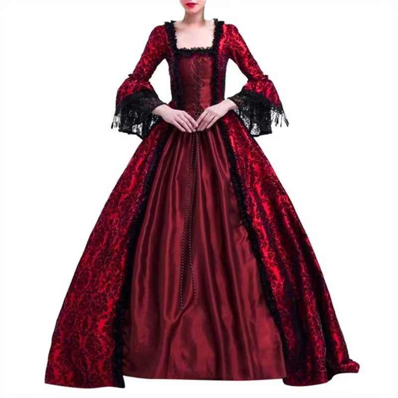 Retro Medieval Lace Bell-Sleeve Dress | Halloween & Stage Performance Gown