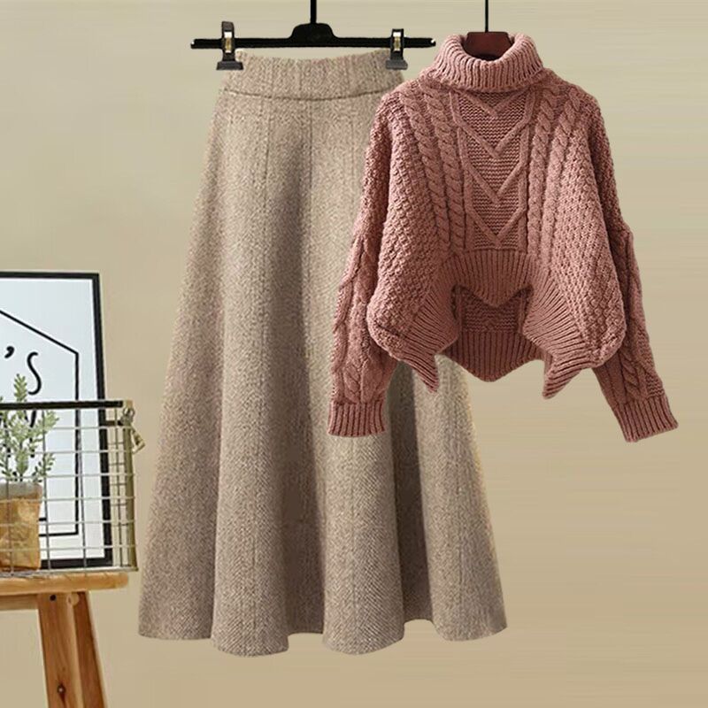 Women's High-Neck Knit Sweater & Mini Skirt Two-Piece Set | Elegant Autumn Winter Outfit