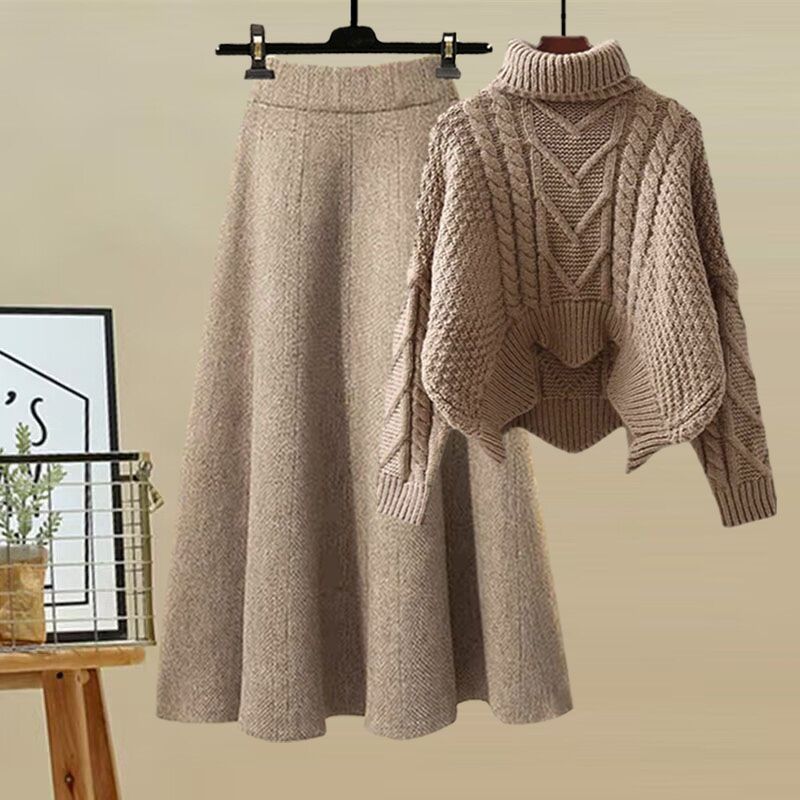 Women's High-Neck Knit Sweater & Mini Skirt Two-Piece Set | Elegant Autumn Winter Outfit