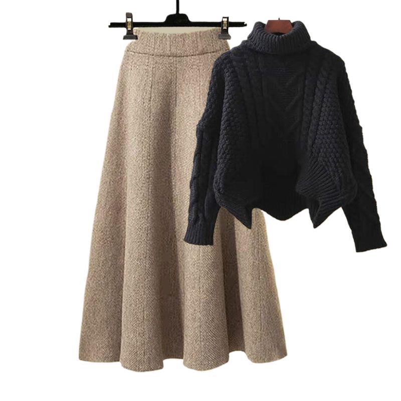 Women's High-Neck Knit Sweater & Mini Skirt Two-Piece Set | Elegant Autumn Winter Outfit