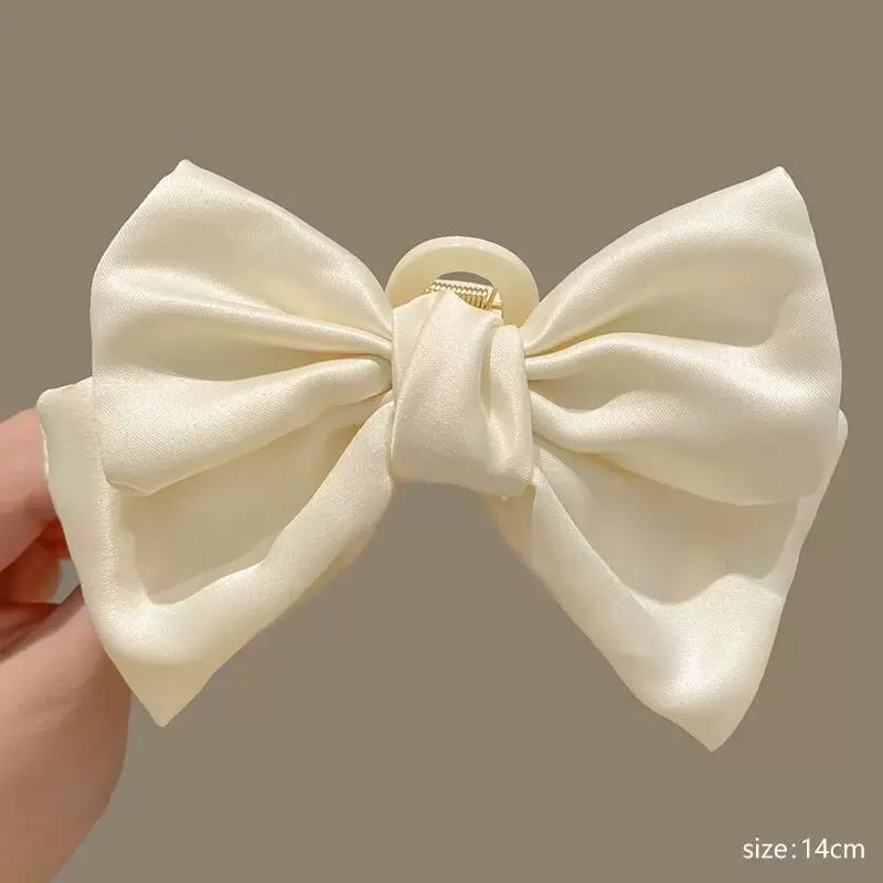 Cream Large Bow Shark Clip for Women – Korean Style Elegant Chiffon Hair Clamp