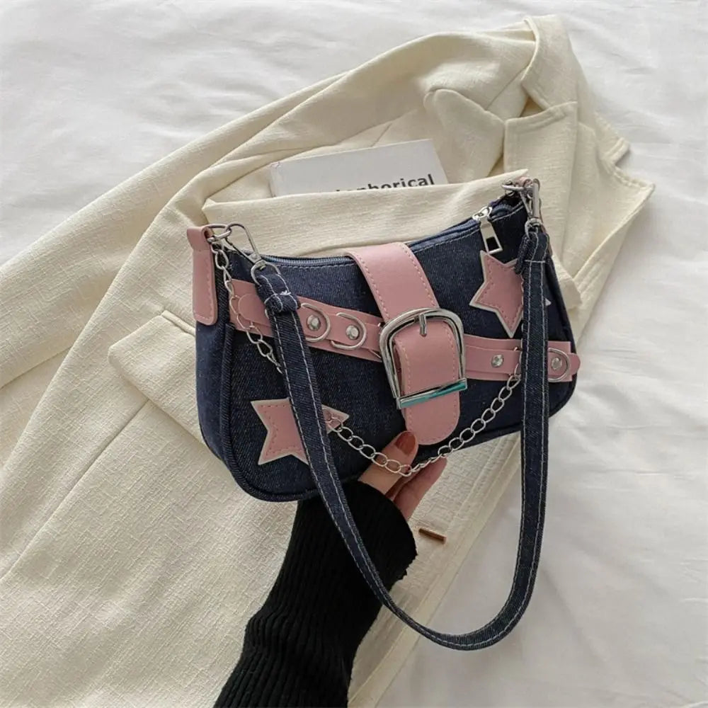 Y2K Star Print Denim Underarm Bag | Women's Chain Shoulder Clutch