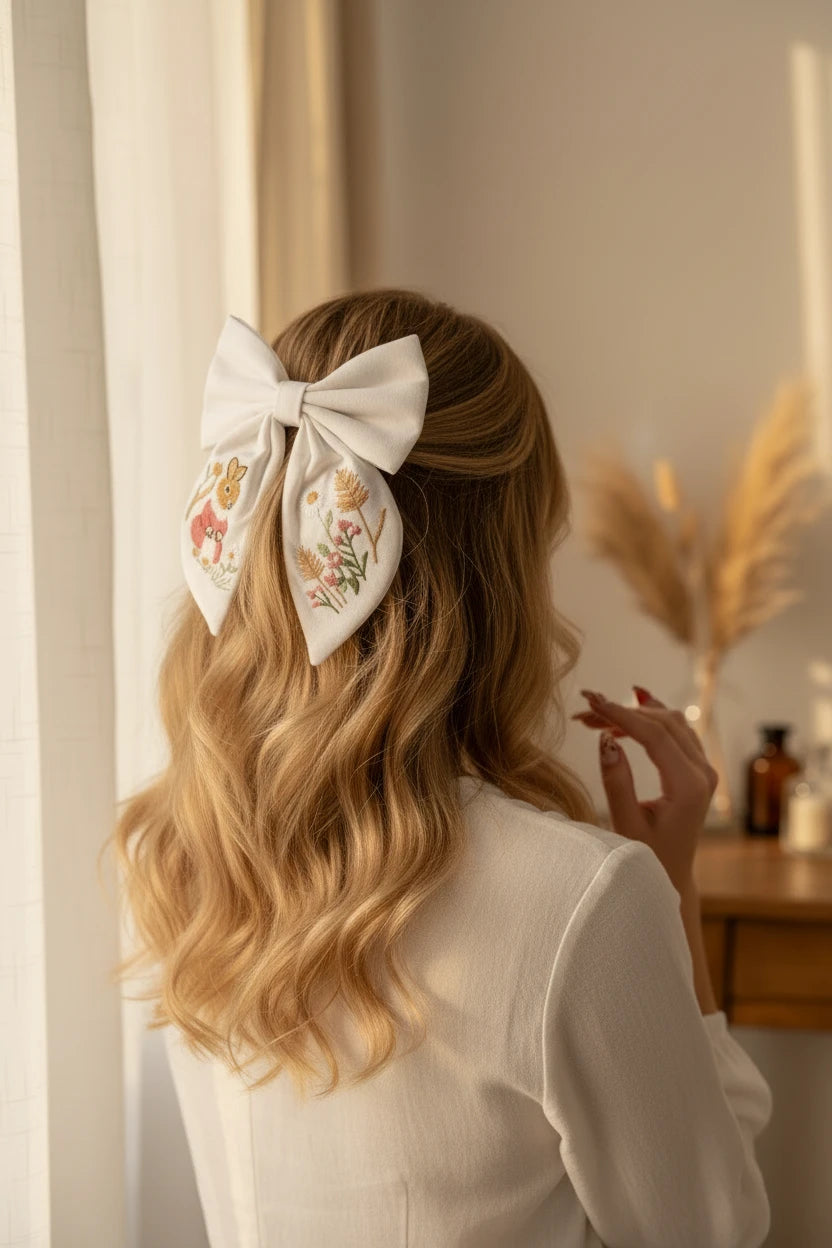 Rabbit Embroidery Bow Hair Clip for Girls – Handmade Bunny Fabric Barrette Kids Accessory