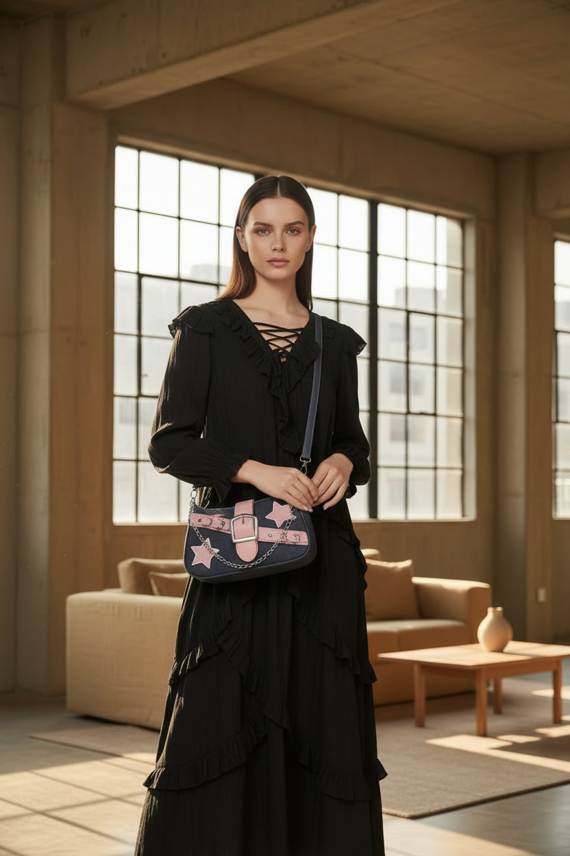 Y2K Star Print Denim Underarm Bag | Women's Chain Shoulder Clutch
