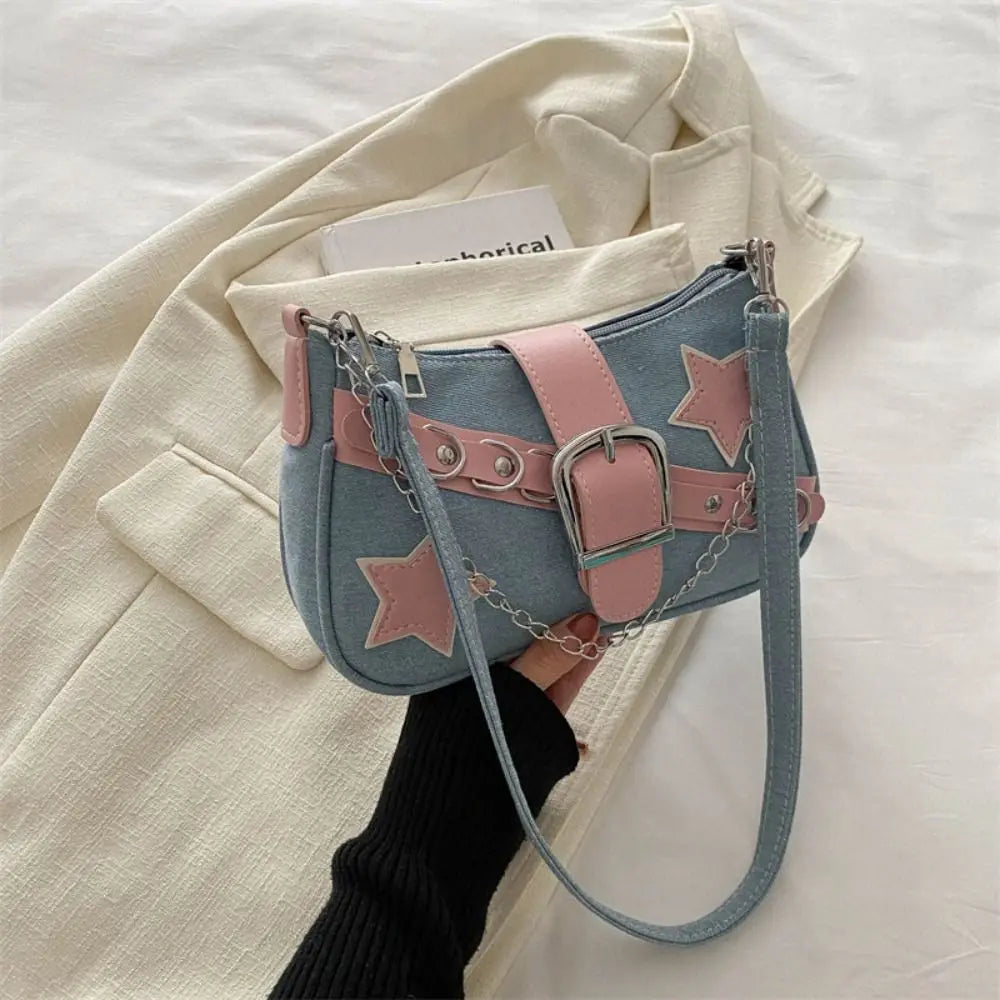 Y2K Star Print Denim Underarm Bag | Women's Chain Shoulder Clutch