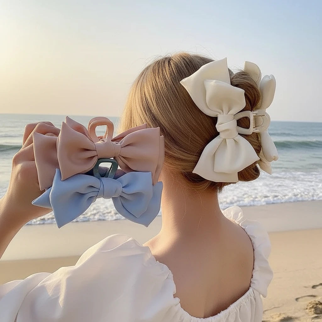 Cream Large Bow Shark Clip for Women – Korean Style Elegant Chiffon Hair Clamp