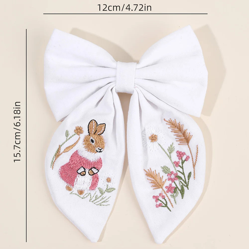 Rabbit Embroidery Bow Hair Clip for Girls – Handmade Bunny Fabric Barrette Kids Accessory