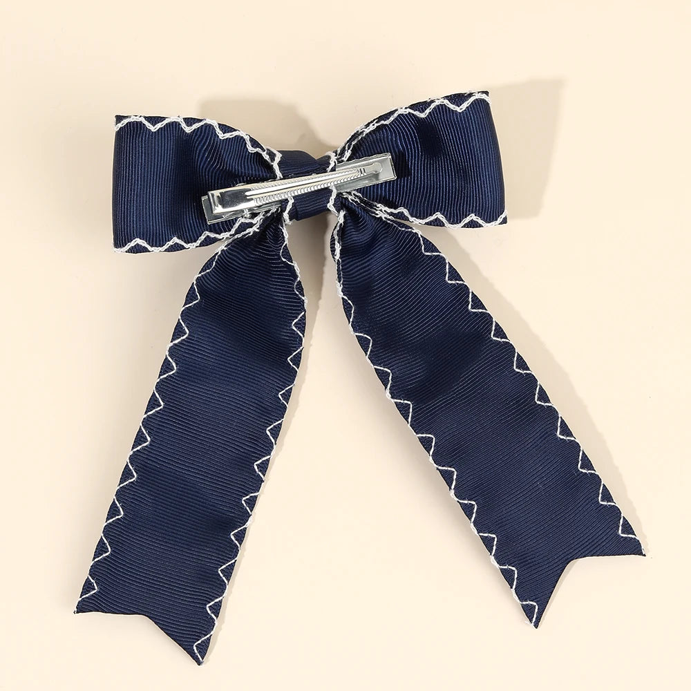 Navy Blue Satin Ribbon Bow Hair Clip – Elegant Fabric Hairpin for Women & Girls