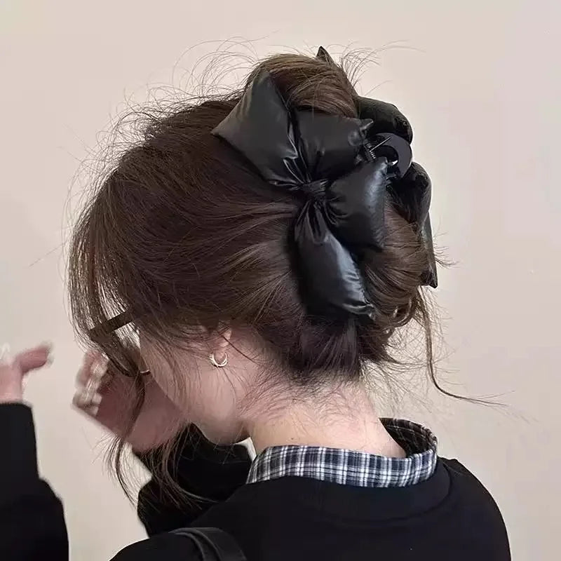 Black PU Leather Bow Hair Clip for Women – Minimalist Statement Barrette Hair Accessory
