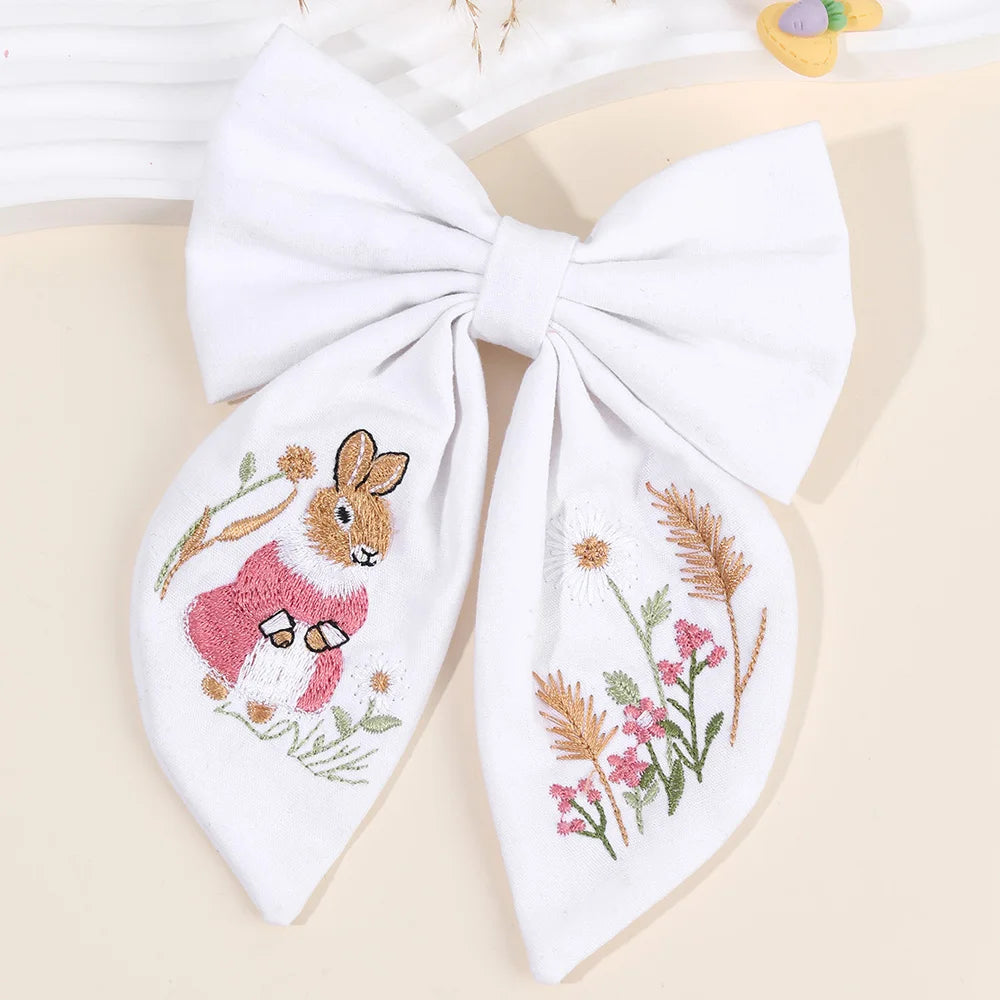 Rabbit Embroidery Bow Hair Clip for Girls – Handmade Bunny Fabric Barrette Kids Accessory