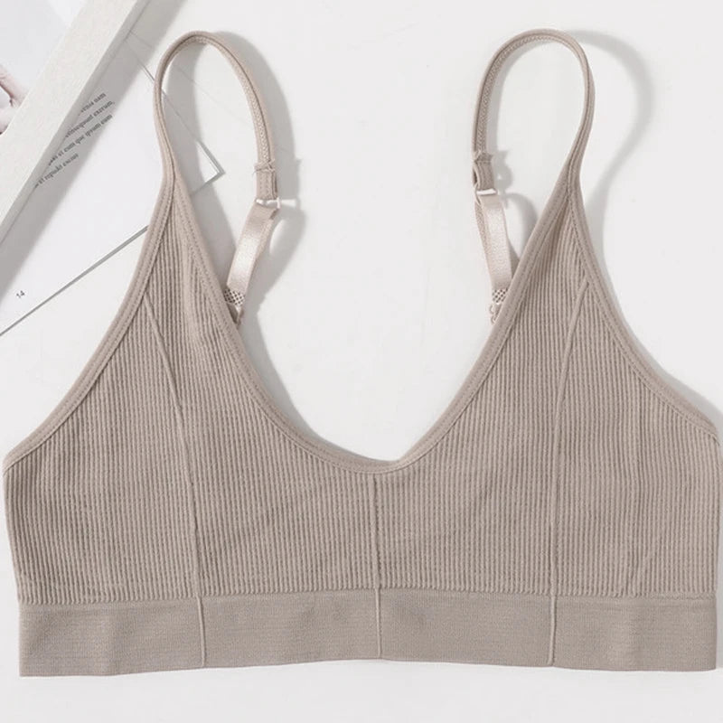 Ribbed V-Neck Bralette for Women – Wireless No-Pad Adjustable Strap Daily Wear Tube Top