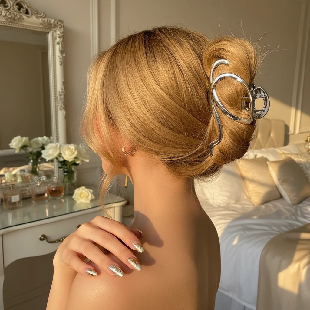 Gold S-Shaped Metal Hair Claw Clip for Women – Elegant Korean Duckbill Ponytail Clip