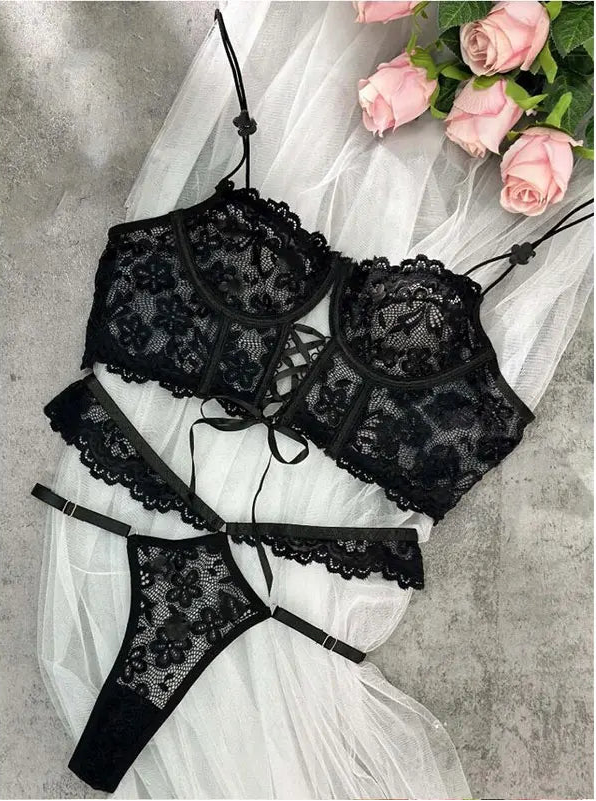 Transparent Black Lace Bra & Brief Set | Sensual Floral Underwire Lingerie