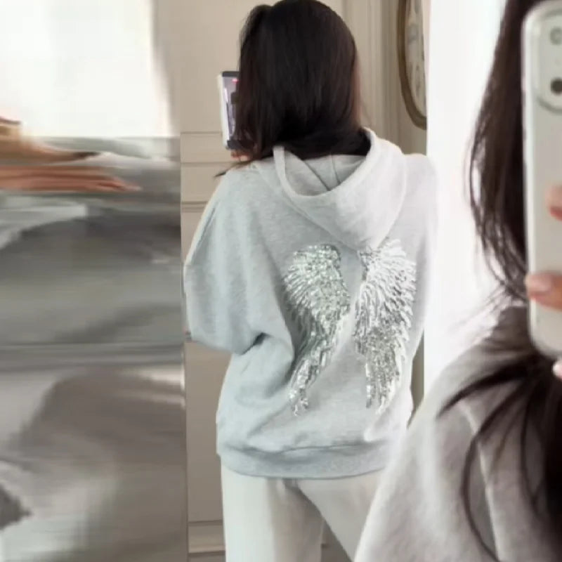 Women's Sequin Angel Wings Hoodie | Y2K Oversized Pullover Jacket