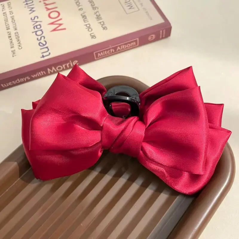 Cream Large Bow Shark Clip for Women – Korean Style Elegant Chiffon Hair Clamp
