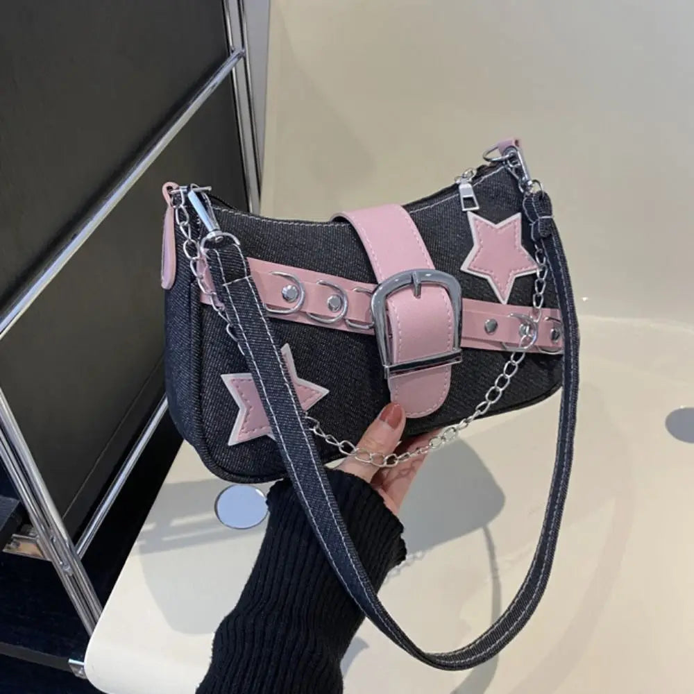 Y2K Star Print Denim Underarm Bag | Women's Chain Shoulder Clutch