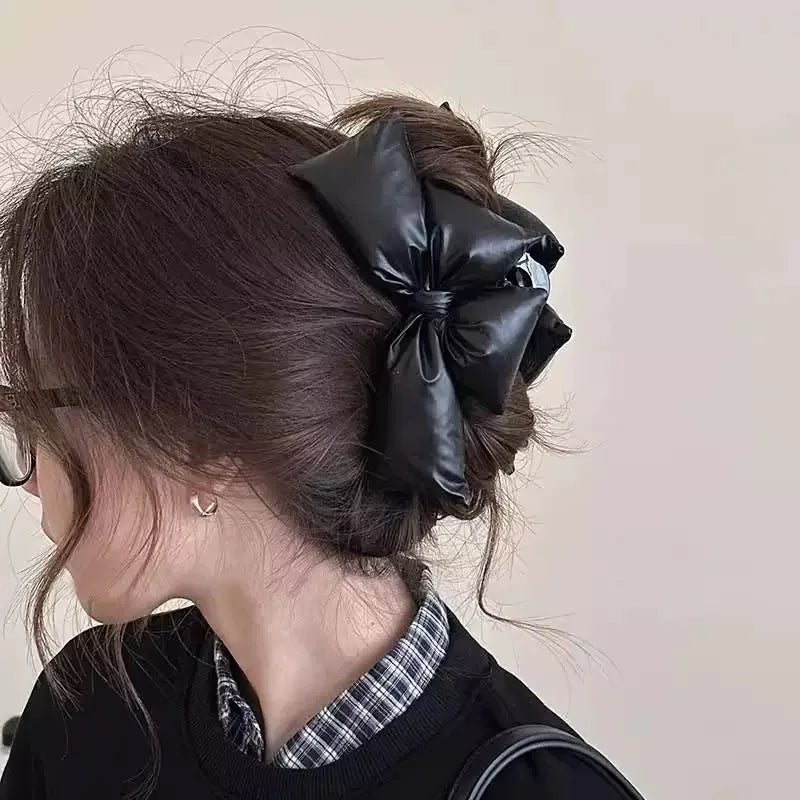Black PU Leather Bow Hair Clip for Women – Minimalist Statement Barrette Hair Accessory