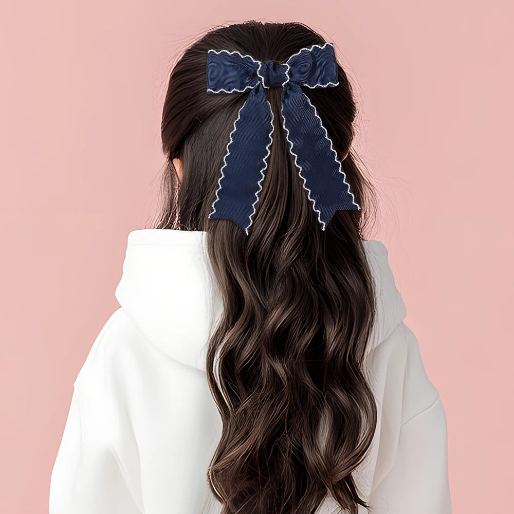 Navy Blue Satin Ribbon Bow Hair Clip – Elegant Fabric Hairpin for Women & Girls