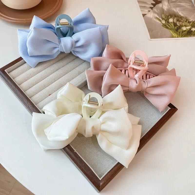 Cream Large Bow Shark Clip for Women – Korean Style Elegant Chiffon Hair Clamp