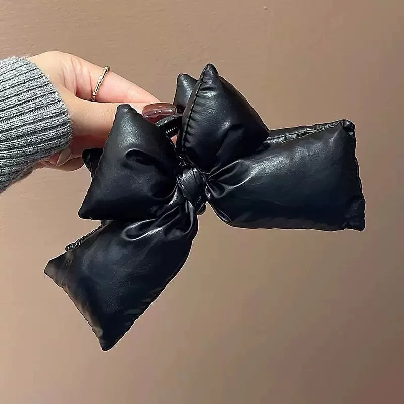 Black PU Leather Bow Hair Clip for Women – Minimalist Statement Barrette Hair Accessory