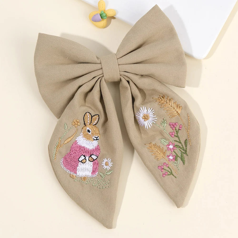Rabbit Embroidery Bow Hair Clip for Girls – Handmade Bunny Fabric Barrette Kids Accessory